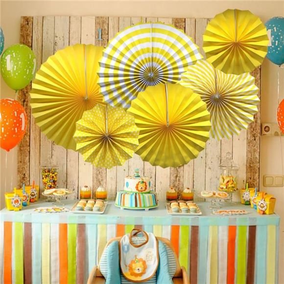 Party Hanging Paper Fans Set, Yellow Round Pattern Paper Garlands Decoration - Picture 6 of 6